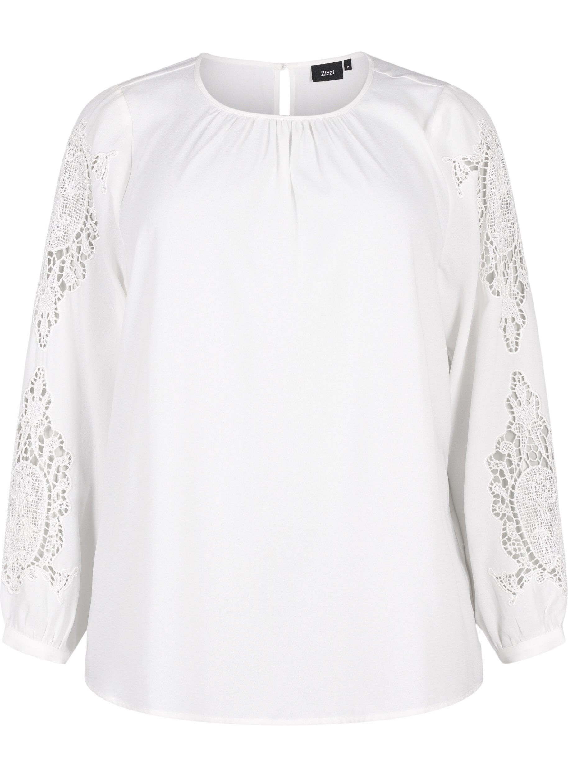 Zizzi Bluse med lange ermer og heklede detaljer, Bright White, Packshot image number 0