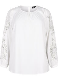 Bluse med lange ermer og heklede detaljer, Bright White