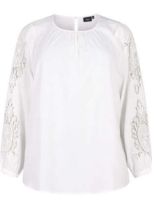 Bluse med lange ermer og heklede detaljer, Bright White, Packshot image number 0