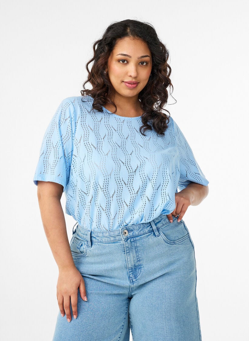 Jersey T-skjorte med hullm&oslash;nster, Bl&aring;, Model image number 0