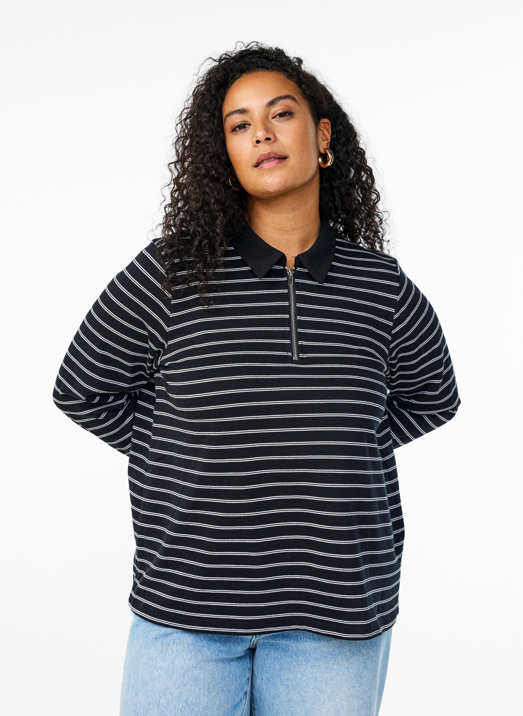 Zizzi Stripete poloskjorte med glidel&aring;s, Svart, Model image number 0