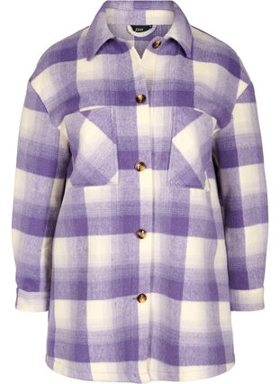 Rutete skjortejakke med knapper og lommer, Purple Check, Packshot image number 0
