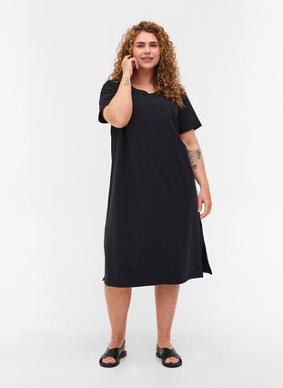 Kortermet kjole i bomull med splitter, Black, Model image number 2