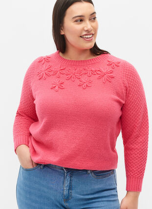 Strikkegenser med blomsterdetaljer, Hot Pink, Model image number 2