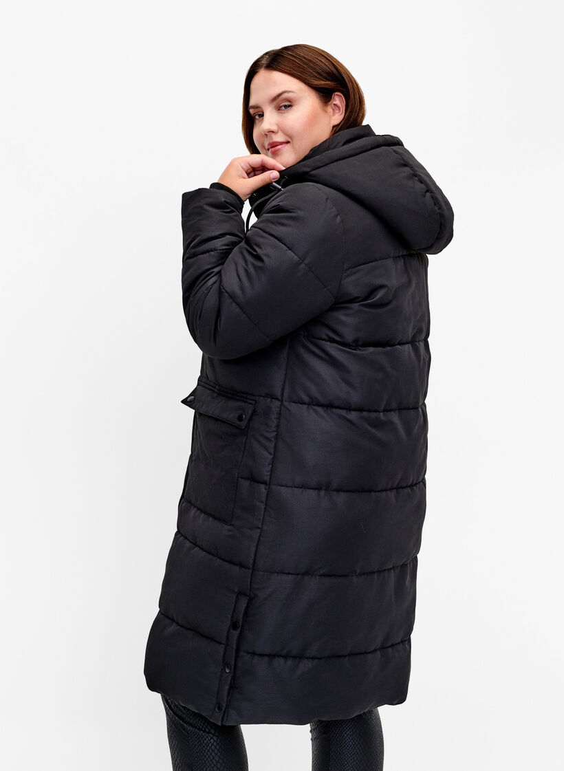 Lang Puffer jakke med lommer og hette, Svart, Model image number 2
