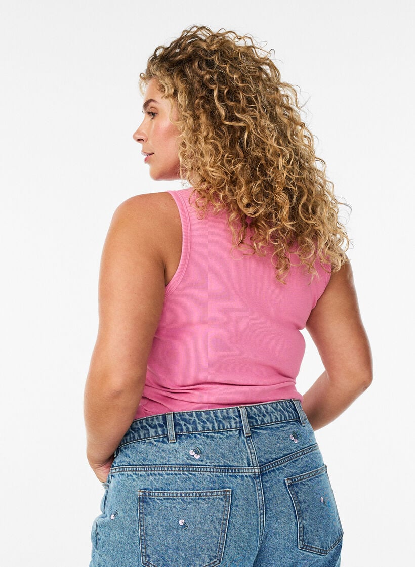Ribbet topp i bomull med h&oslash;y hals, Rosa, Model image number 2