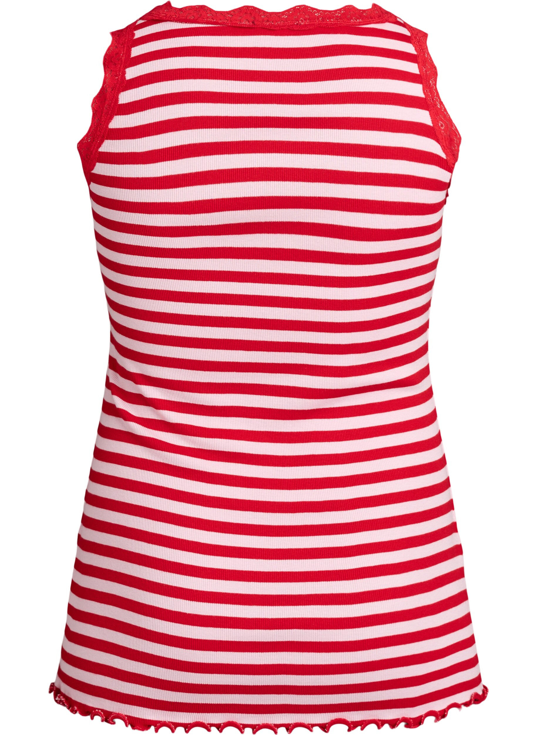 Zizzi Stripete topp med ribbet tekstur og en blondekant, Rosa, Packshot image number 1