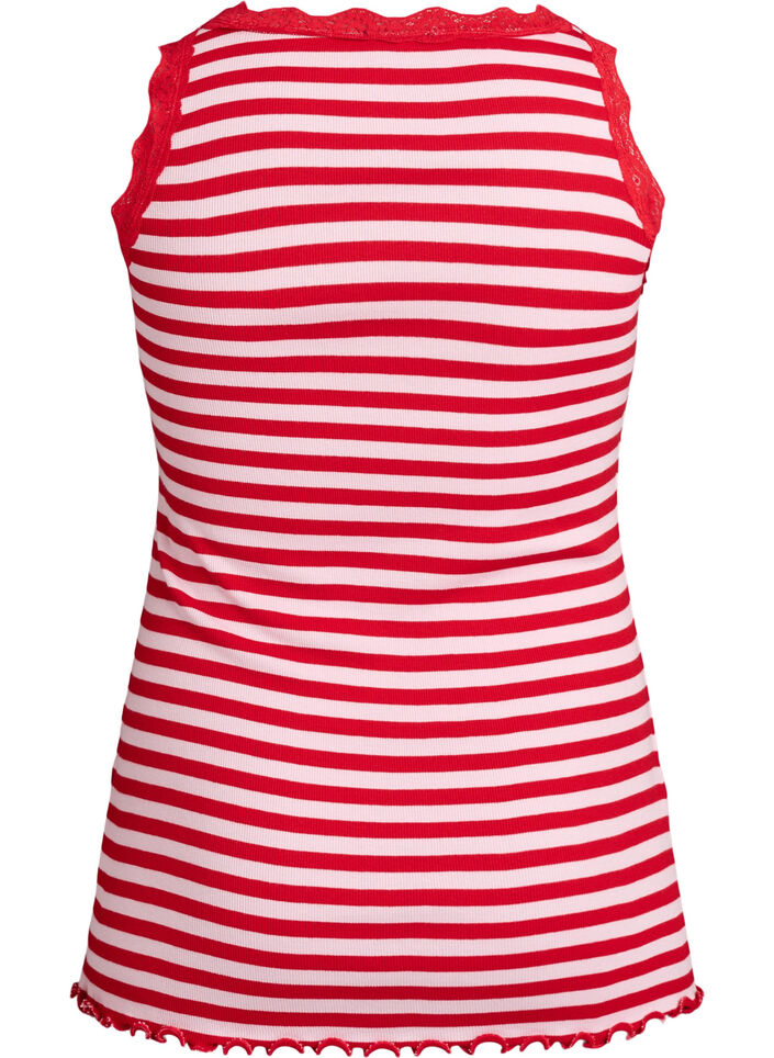 Stripete topp med ribbet tekstur og en blondekant, Rosa, Packshot image number 1