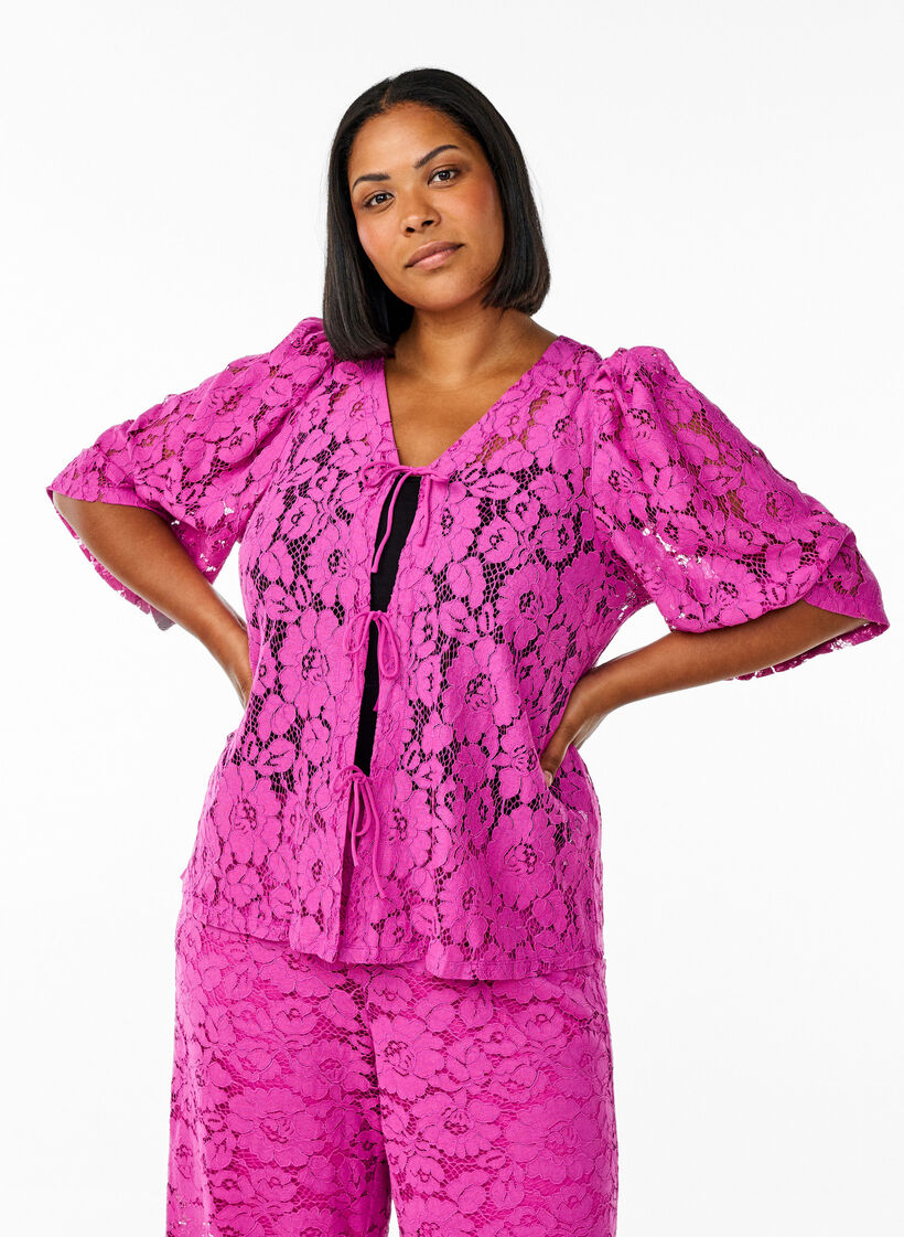 Bluse med blonder, 3/4 ermer og sløyfer foran, Purple Orchid, Model