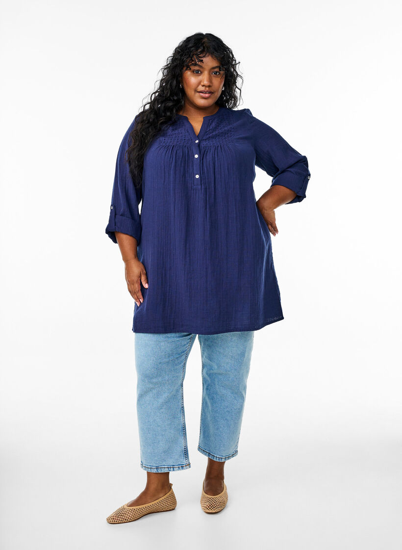 Bomulds muslin-tunika med broderie anglaise, Bl&aring;, Model image number 1