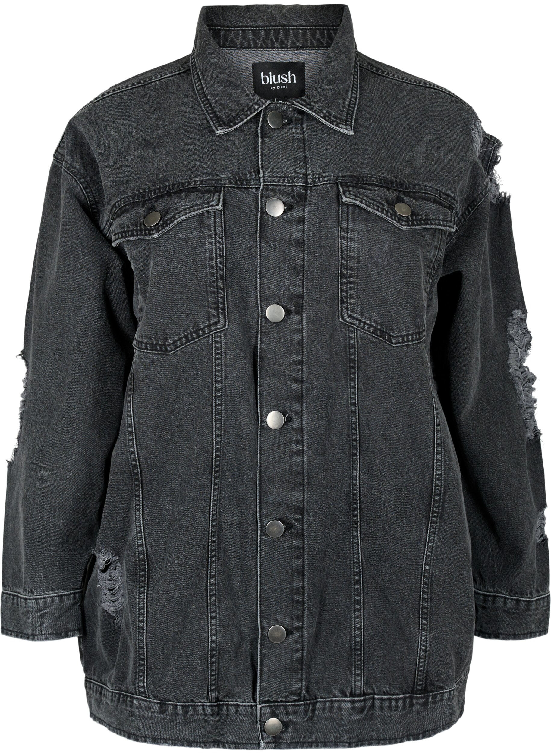 Zizzi L&oslash;s denimjakke med slitte detaljer, Dark Grey Denim, Packshot image number 0