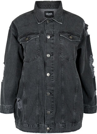 Zizzi Løs denimjakke med slitte detaljer, Dark Grey Denim, Packshot image number 0