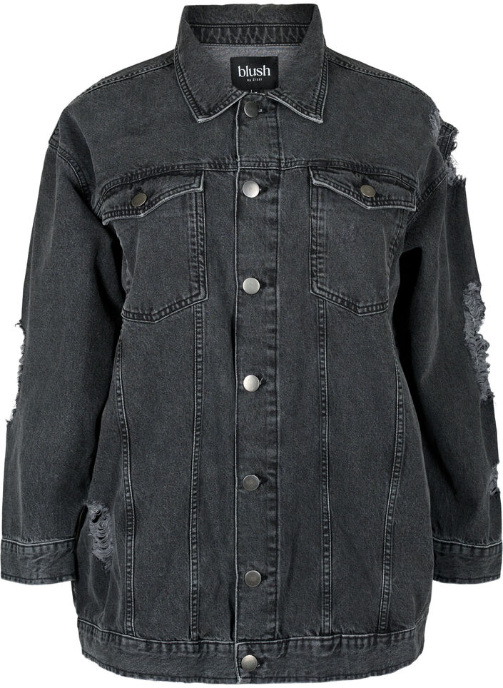 Løs denimjakke med slitte detaljer, Dark Grey Denim, Packshot image number 0