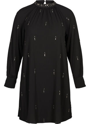 Langermet kjole med perler og smock, Black, Packshot image number 0