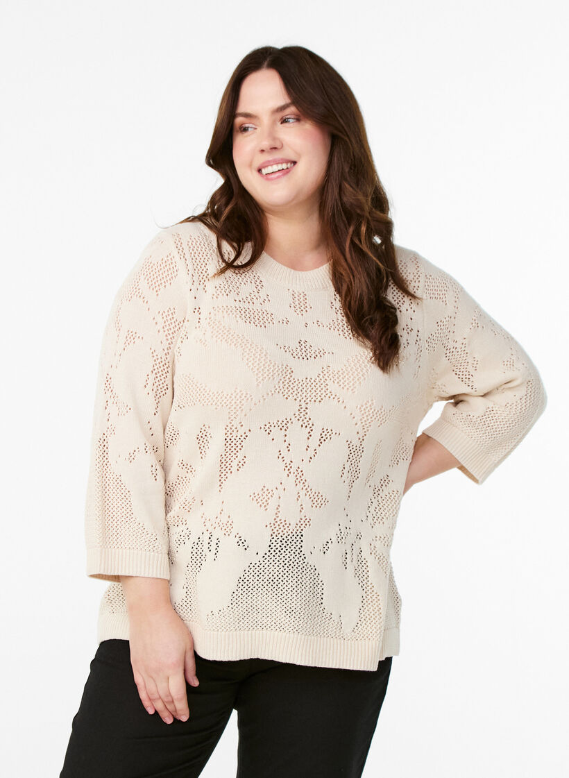 Strikket bluse med åpent mønster og 3/4-ermer, Birch, Model