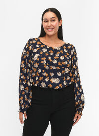 FLASH - Bluse med lange ermer og trykk	, Navy Brown Flower, Model