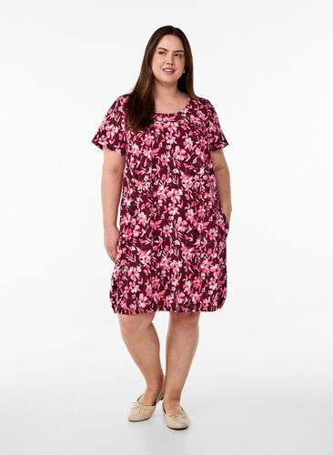 Zizzi Kortermet bomullskjole med trykt mønster, Mørk Bordeaux, Model image number 1