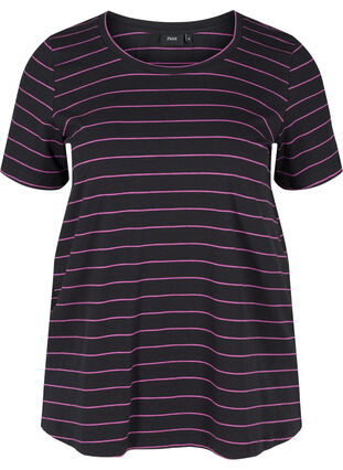 Stripete T-skjorte i bomull, Black w. Purple , Packshot image number 0