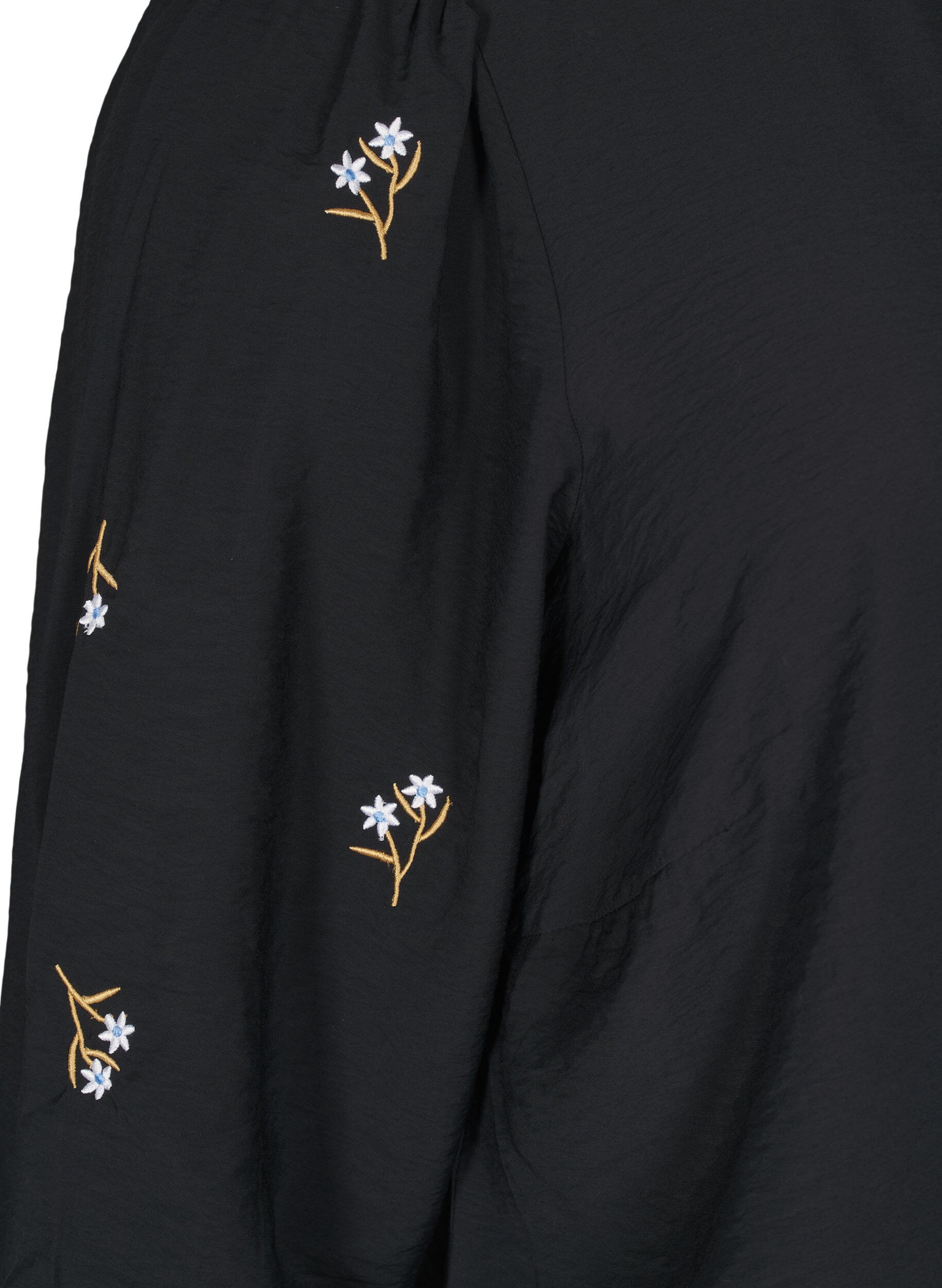 Zizzi Bluse med 3/4-ermer og blomsterbroderi, Black, Packshot image number 3