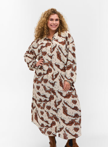 Mønstrete kjole med lange ermer og knapper, Camouflage AOP, Model image number 0