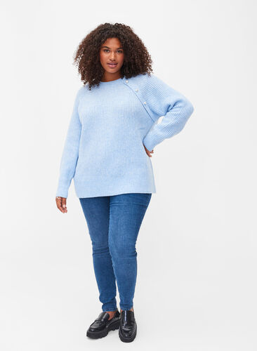 Melert strikkegenser med perleknapper, Light Blue Mel., Model image number 3