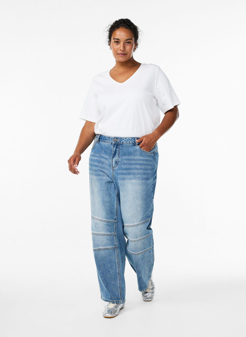 Jeans med vide ben og sømdetaljer, Blue Denim, Model