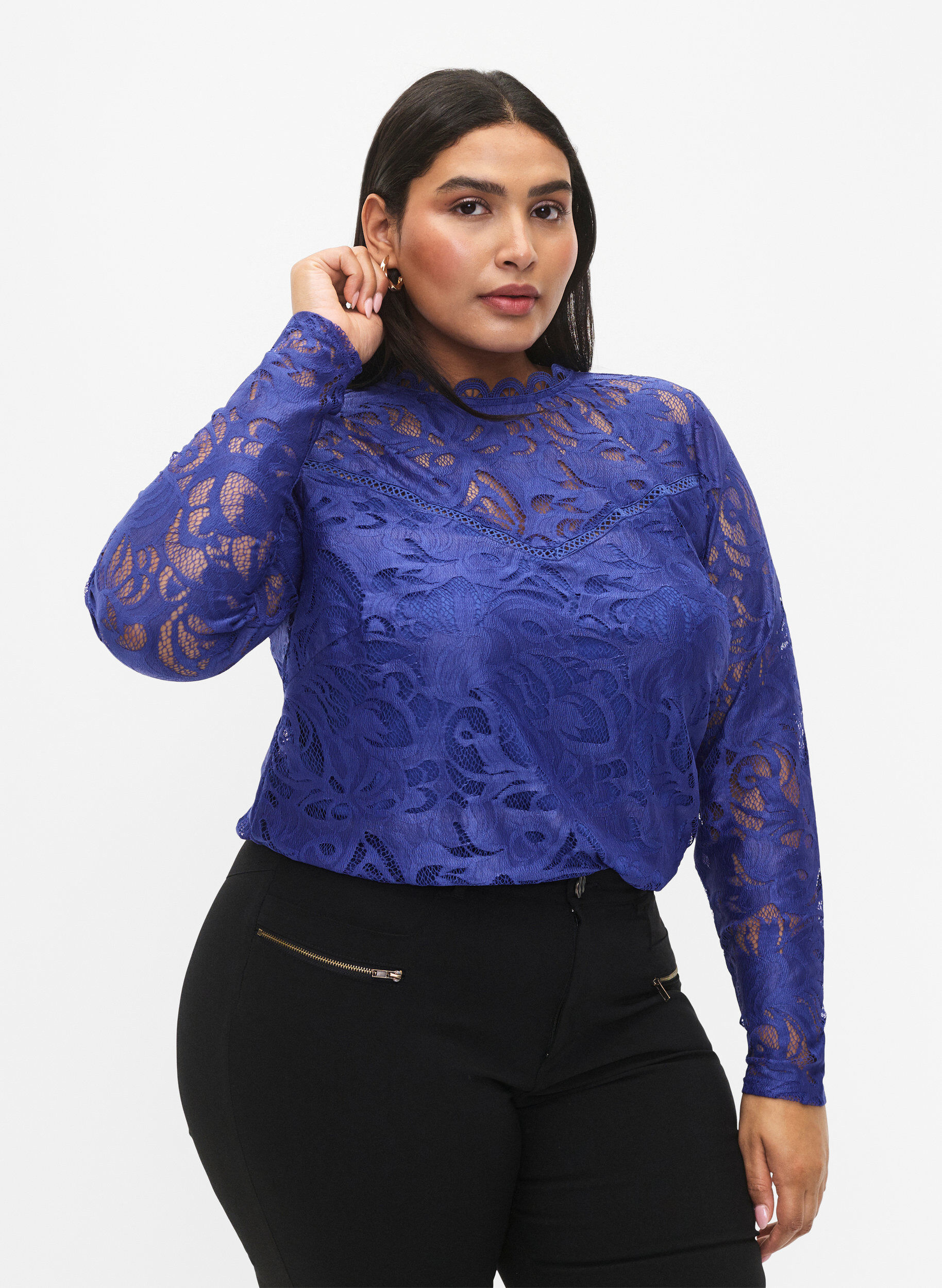 Zizzi Bluse med lange ermer og blonder, Deep Ultramarine, Model image number 0