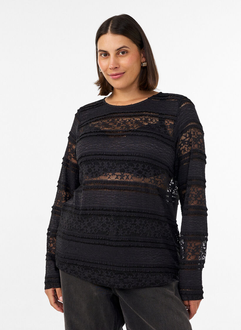 Bluse med blonder og lange ermer, Svart, Model image number 0