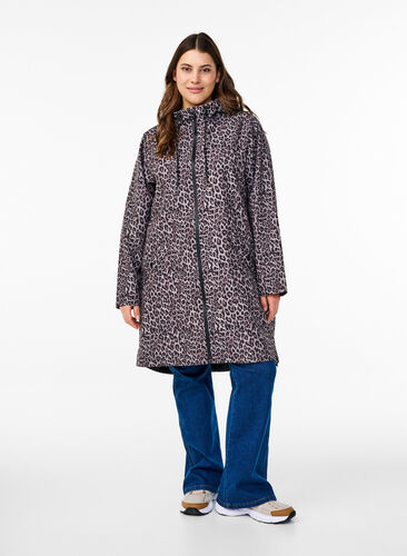 Zizzi Regnjakke med lommer og hette, Brun, Model image number 1