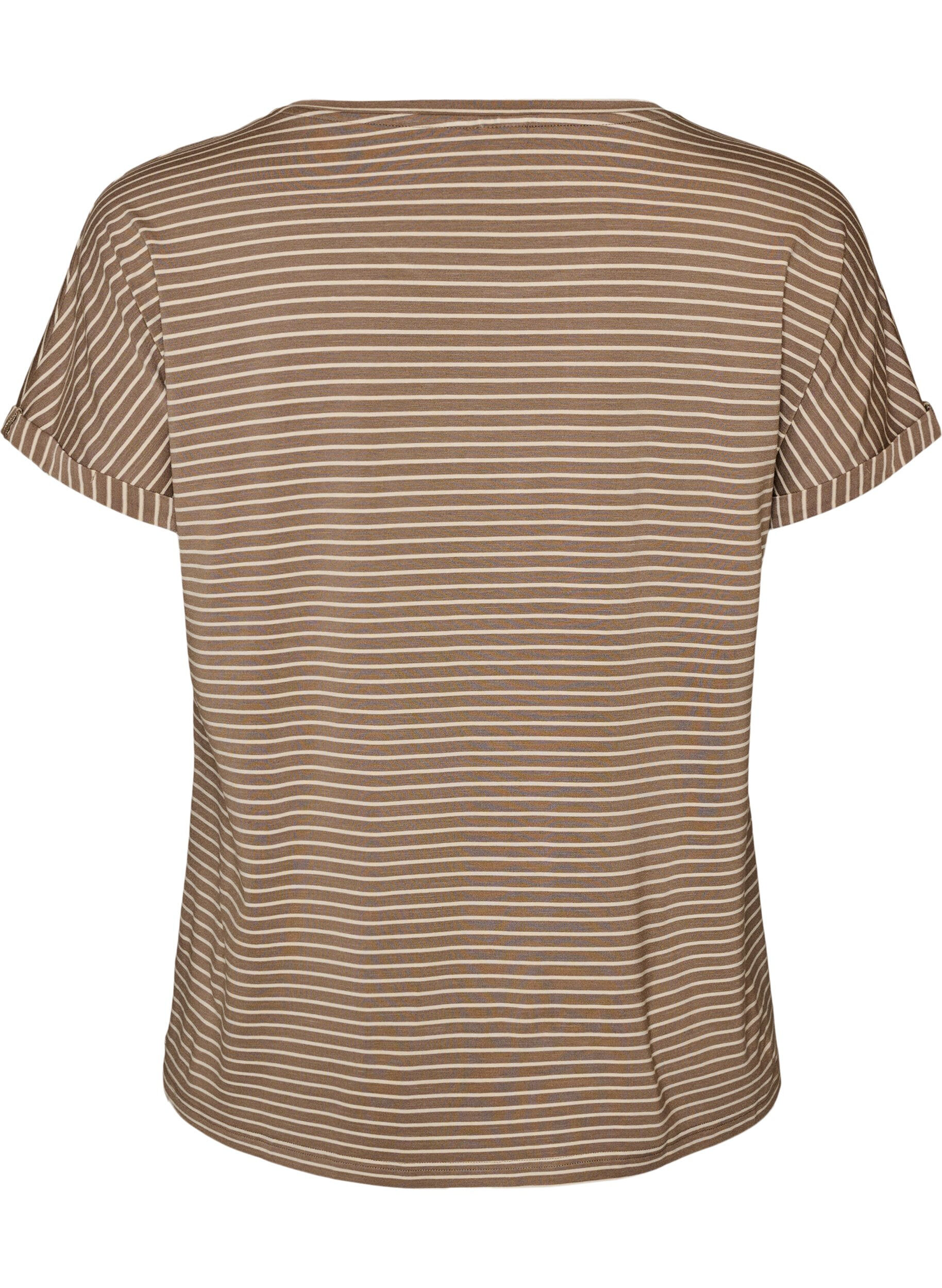 ZizziStripete T-skjorte i viskose med rund hals, Beige, Packshot image number 1