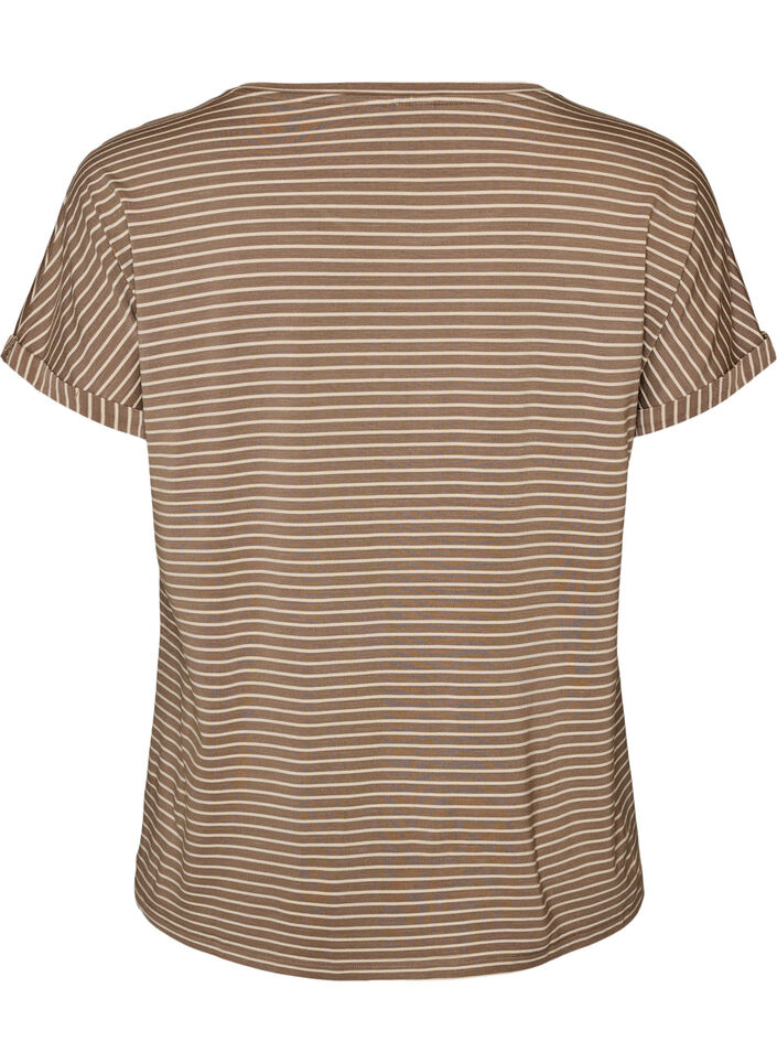 Stripete T-skjorte i viskose med rund hals, Beige, Packshot image number 1