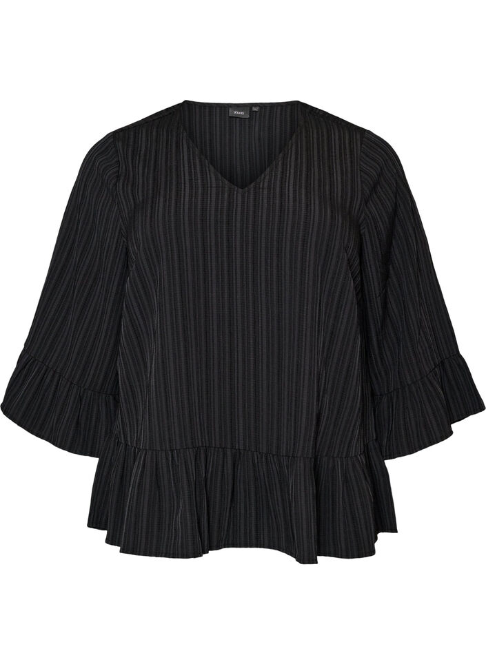 Bluse med tekstur, V-hals og rysjer, Svart, Packshot image number 0