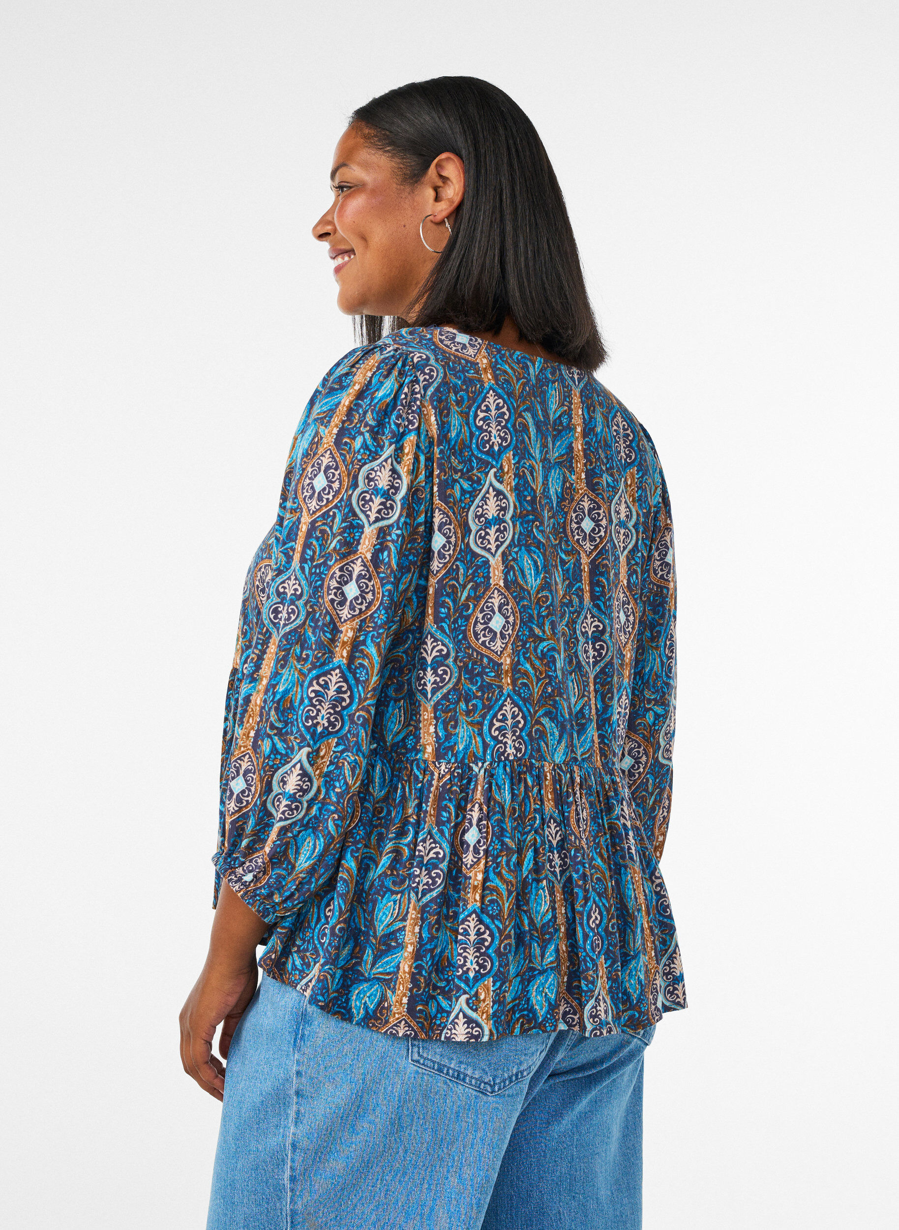 ZizziBluse med paisleytrykk og blondedetaljer, Bl&aring;, Model image number 2
