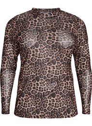 Bluse i mesh med leopardmønster, Brown Leopard