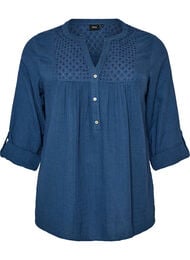 Bluse i bomullsmuslin med broderie anglaise, Bl&aring;