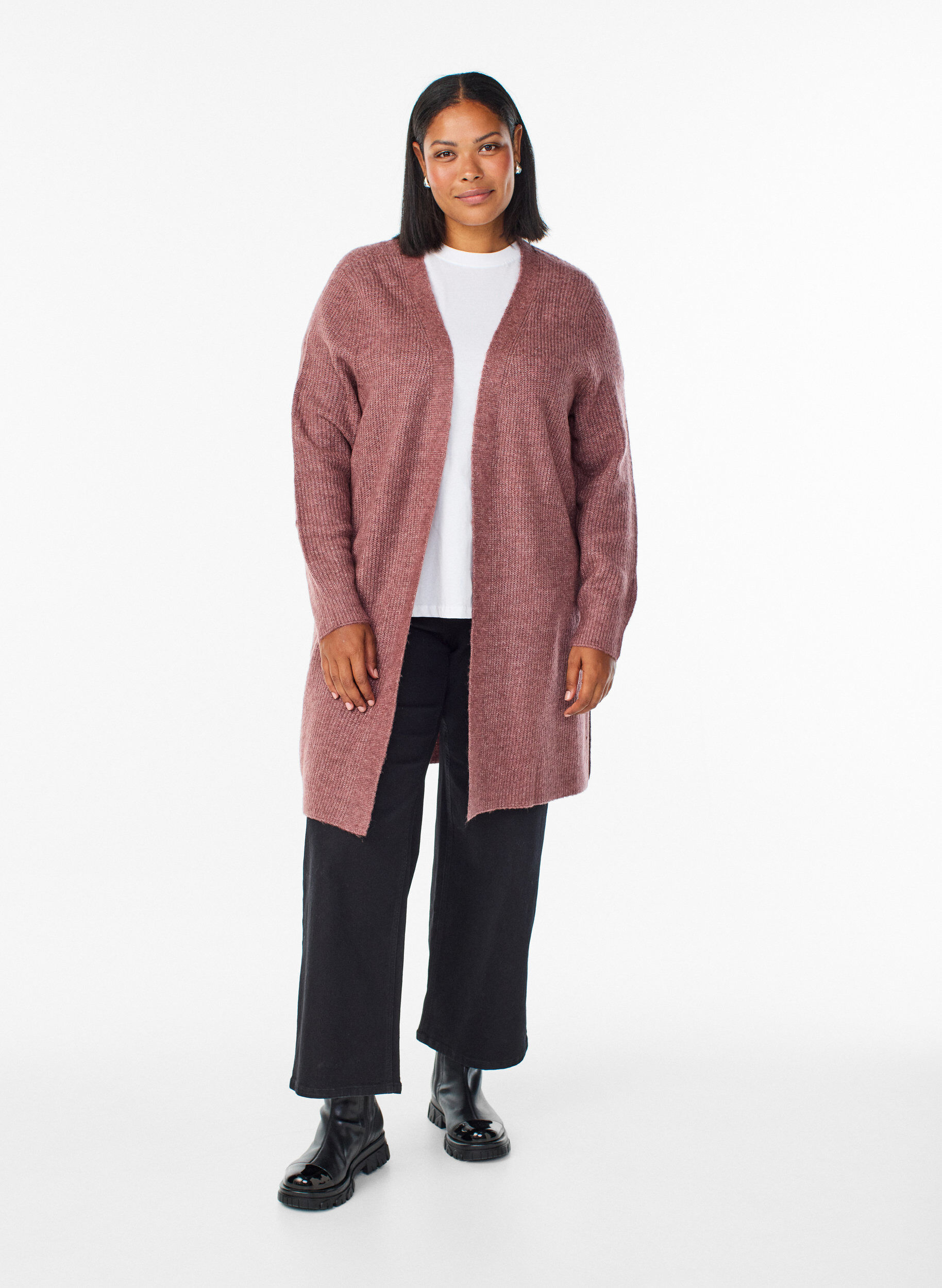 Zizzi FLASH - Lang ribbestrikket cardigan med &aring;pen front, Rosa, Model image number 1