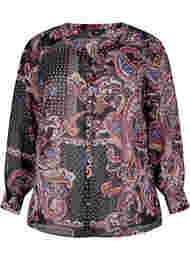 Skjorte med V-hals og mønster, Black/Brown Paisley