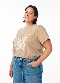 T-skjorte i økologisk bomull med strassteiner og sommerfuglmotiv, Brun T-skjorte i økologisk bomull med strassteiner og sommerfuglmotiv, Brun, Model