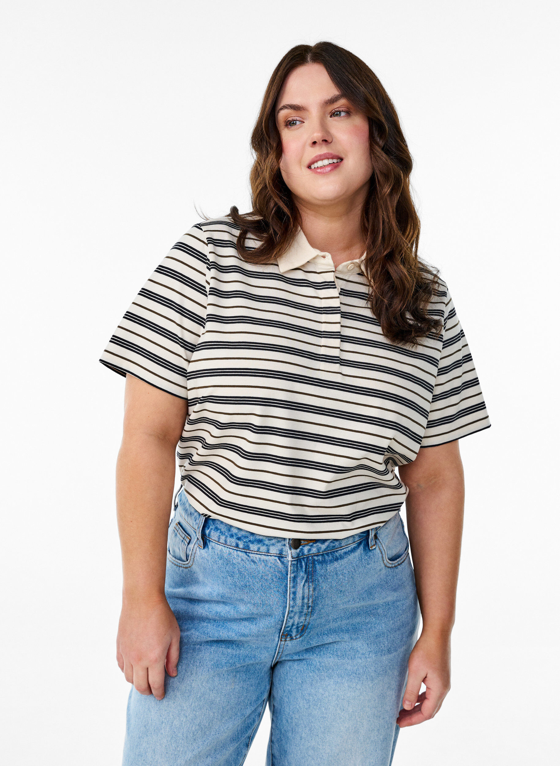 Stripete poloskjorte med korte ermer, Hvit, Model