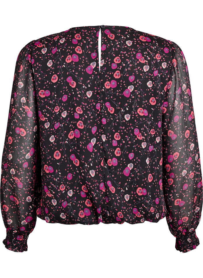 Blomstret chiffongbluse med gjennomsiktige ermer, Svart, Packshot image number 1