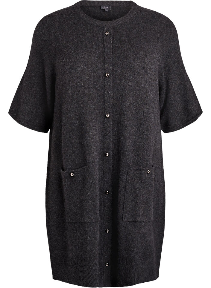 Kort strikket kjole med korte ermer og kuleknapper, Grå, Packshot image number 0