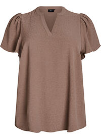 Bluse med korte volangermer og V-hals, Brun Bluse med korte volangermer og V-hals