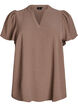 Bluse med korte volangermer og V-hals, Brun, Packshot image number 0