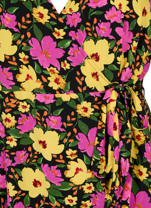 Mønstret omslagskjole med korte ermer, Yellow Pink Flower, Packshot image number 2