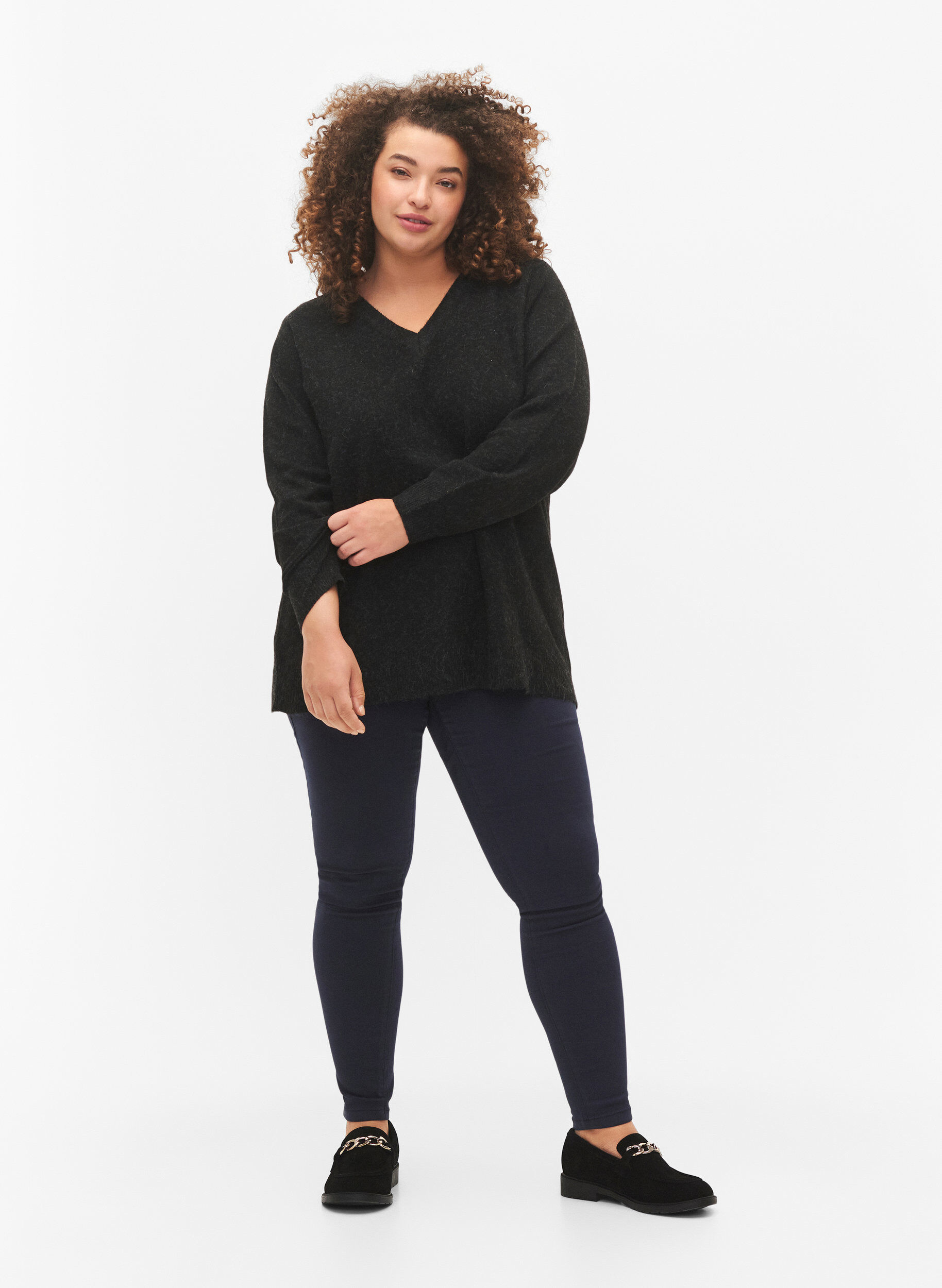 ZizziMelert genser med v-hals, Dark Grey Melange, Model image number 2