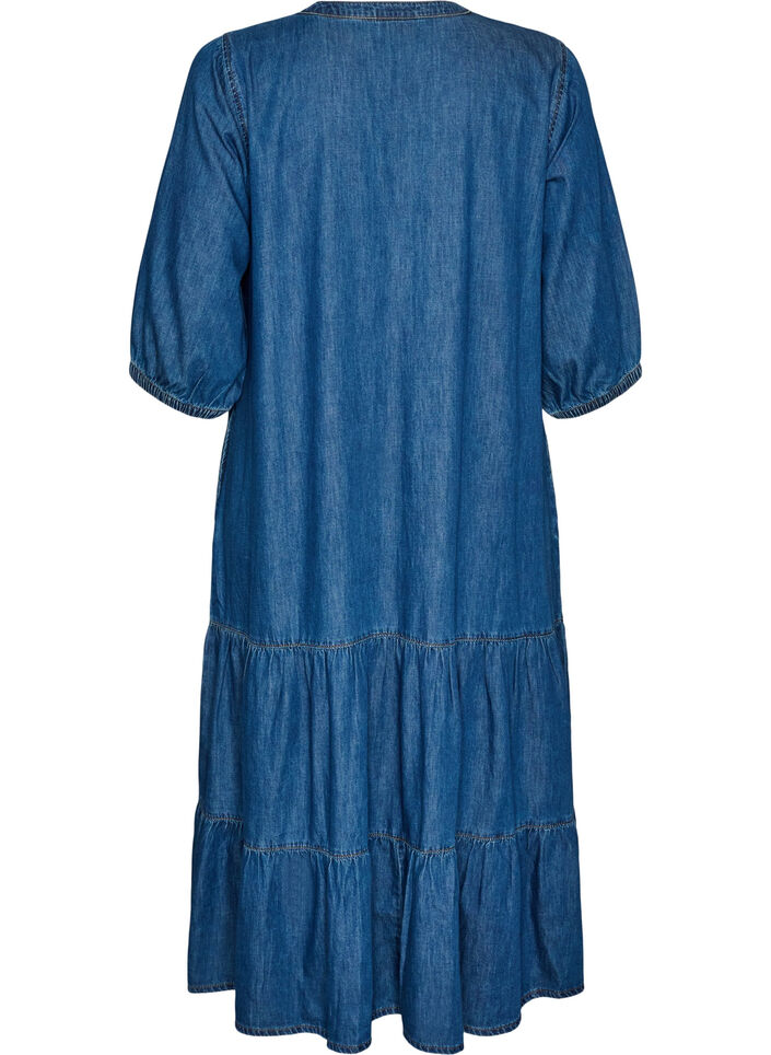 Denim maxikjole med volang lag, Bl&aring;, Packshot image number 1