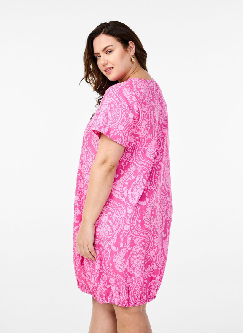 Kortermet bomullskjole med trykt m&oslash;nster, Rosa, Model image number 2