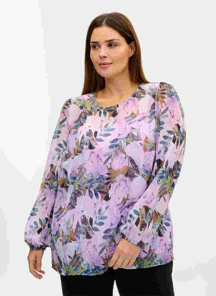 Mønstrete bluse med lange ermer, Orchid Bouquet AOP, Model image number 0