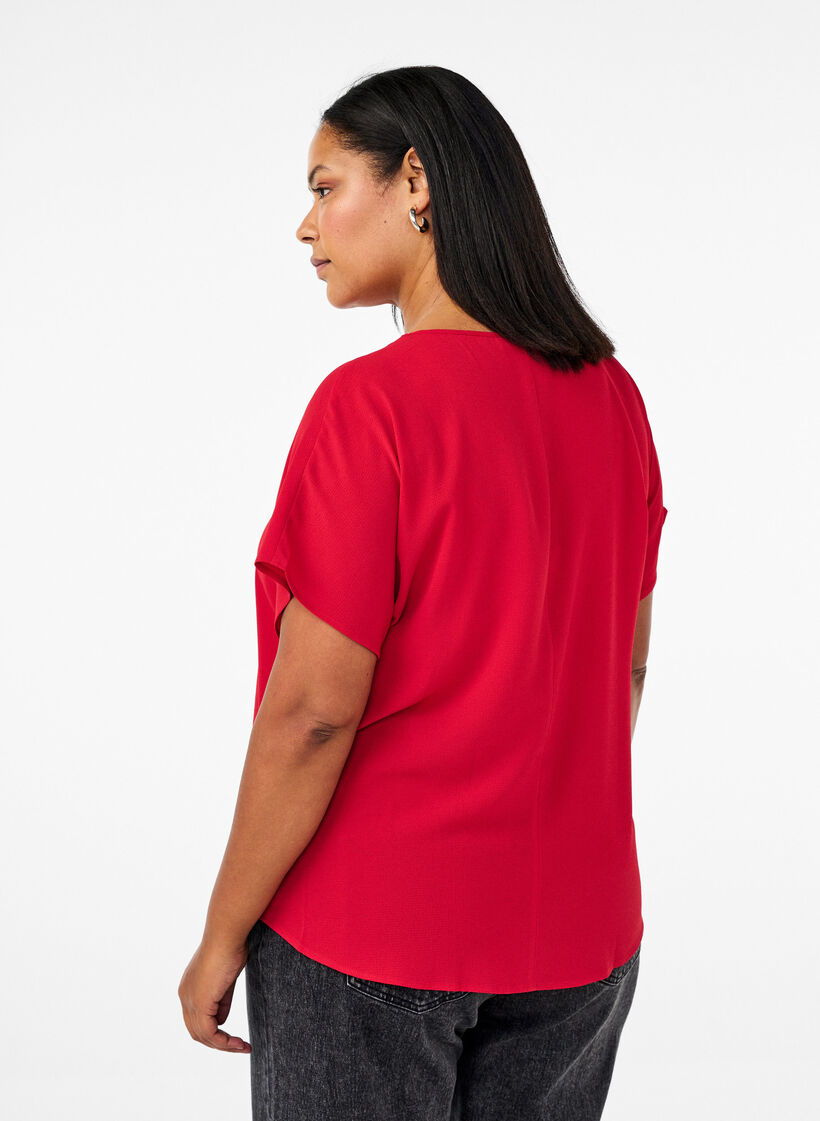 Bluse med korte ermer og rund hals, R&oslash;d, Model image number 2