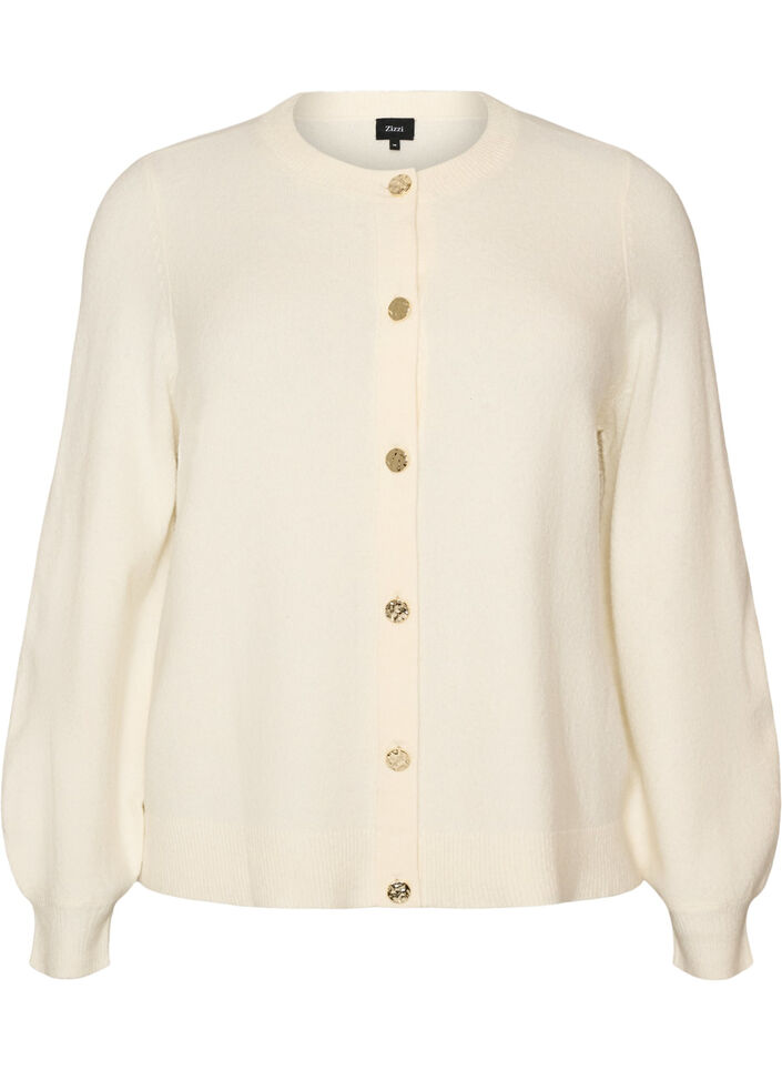 Cardigan i myk strikk med gullfargede knapper, Vanilje, Packshot image number 0